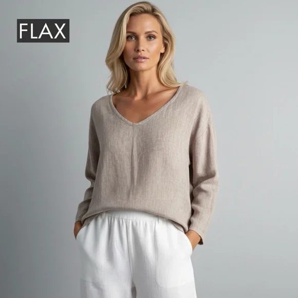 FLAX 100% Linen Oversized V-Neck Tunic Top L Lagenlook Bohemian Long Sleeves - Picture 2 of 14